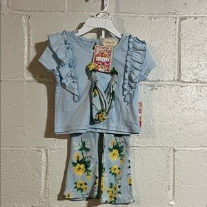 btween Light Blue and Gold Two Piece RuffleTop with Floral Pants /Headband NWT